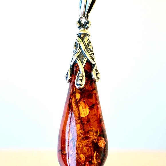 Sterling Silver Honey Baltic Amber Teardrop Pendant - Picture 3 of 11